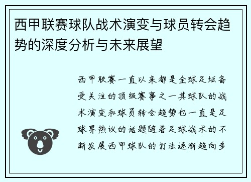 西甲联赛球队战术演变与球员转会趋势的深度分析与未来展望
