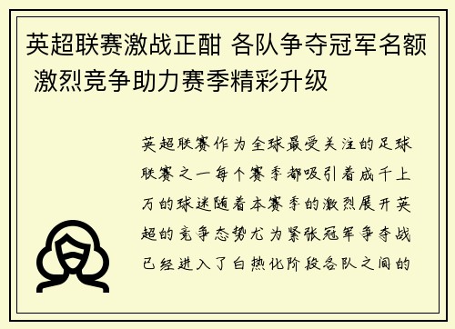 英超联赛激战正酣 各队争夺冠军名额 激烈竞争助力赛季精彩升级